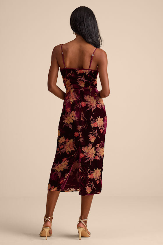 Erisa Burgundy Velvet Floral Burnout Midi Dress