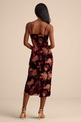 Erisa Burgundy Velvet Floral Burnout Midi Dress