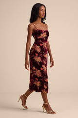 Erisa Burgundy Velvet Floral Burnout Midi Dress