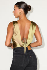 Cabrina Olive Satin Cowl Back Bodysuit