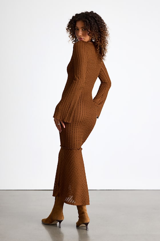 Nelida Brown Textured Long Sleeve Midi Dress