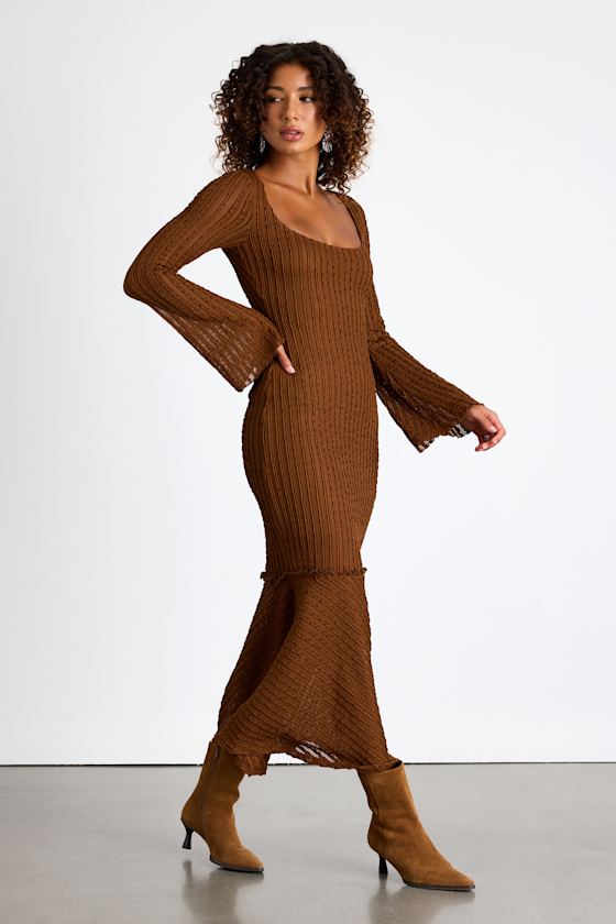 Nelida Brown Textured Long Sleeve Midi Dress