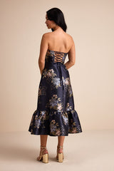 Yashelle Navy Floral Taffeta Strapless Tiered Corset Midi Dress