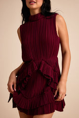 Alvana Burgundy Plisse Mock Neck Ruffled Mini Dress
