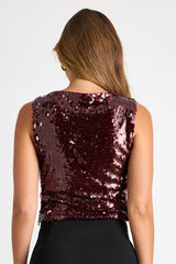 Chelia Shiny Burgundy Sequin Cropped Tank Top