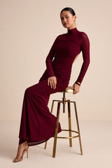 Madahlia Wine Red Mesh Mock Neck Cutout Maxi Dress