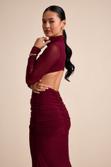 Madahlia Wine Red Mesh Mock Neck Cutout Maxi Dress