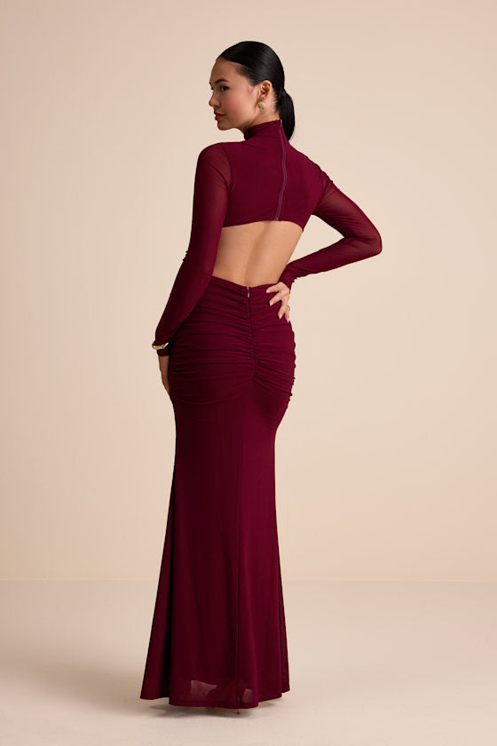 Madahlia Wine Red Mesh Mock Neck Cutout Maxi Dress