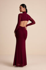 Madahlia Wine Red Mesh Mock Neck Cutout Maxi Dress