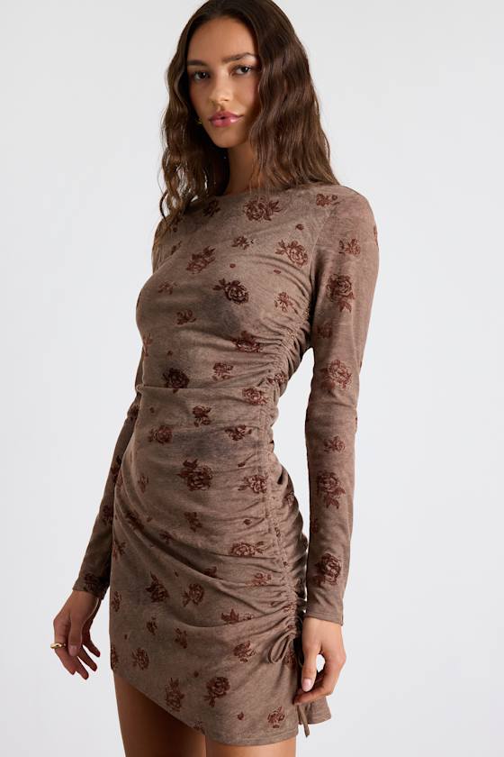 Laudie Light Brown Rose Print Ruched Mini Dress