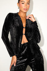 Saelora Black Crushed Velvet Clasp-Front Long Sleeve Top