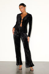 Saelora Black Crushed Velvet Clasp-Front Long Sleeve Top