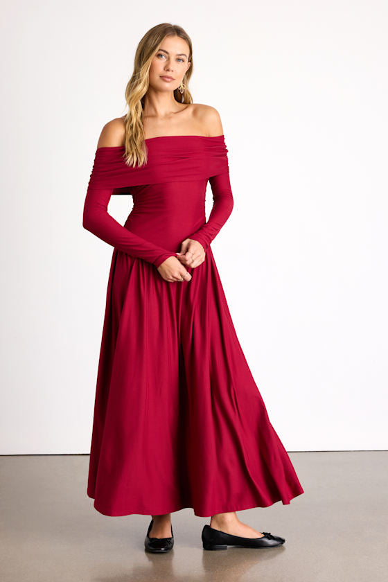 Sescca Wine Red Off-the-Shoulder Jersey Knit Maxi Dress