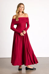 Sescca Wine Red Off-the-Shoulder Jersey Knit Maxi Dress