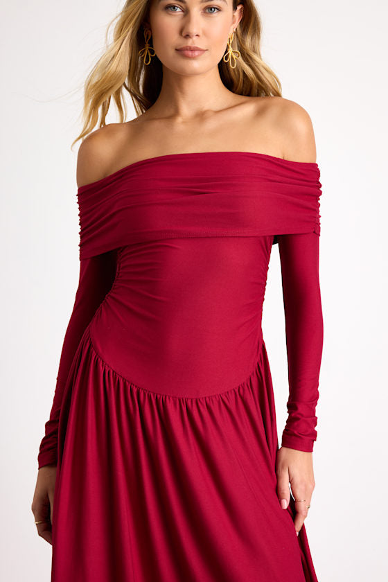 Sescca Wine Red Off-the-Shoulder Jersey Knit Maxi Dress