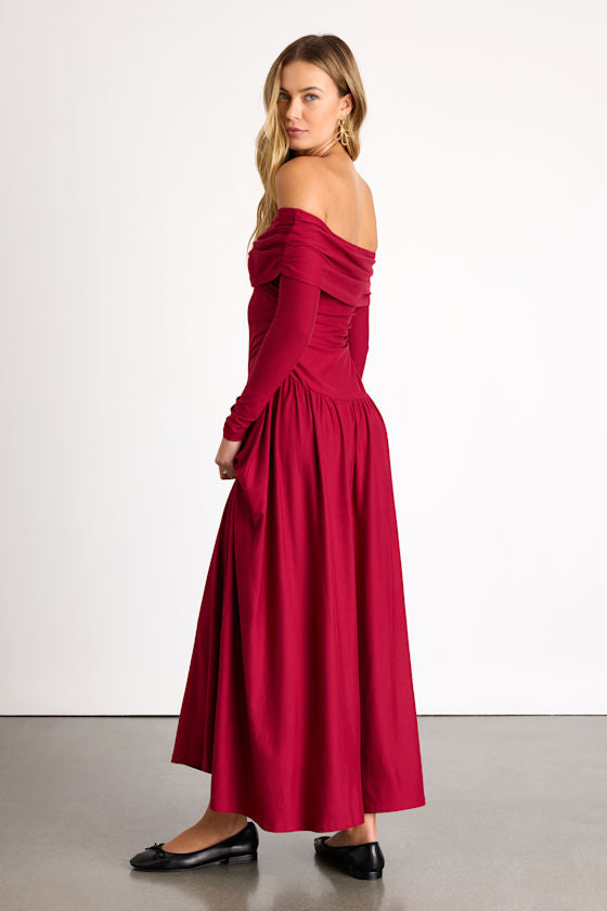 Sescca Wine Red Off-the-Shoulder Jersey Knit Maxi Dress
