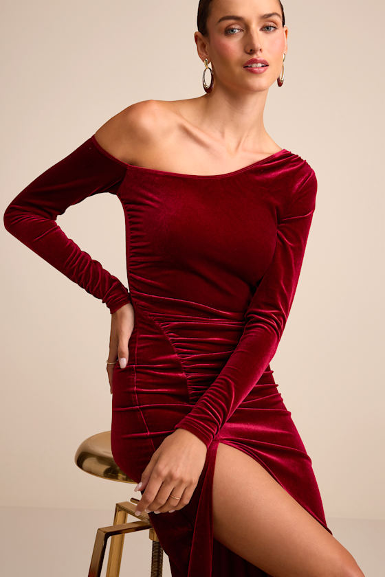 Notorious Icon Wine Red Velvet Asymmetrical Maxi Dress