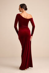 Notorious Icon Wine Red Velvet Asymmetrical Maxi Dress