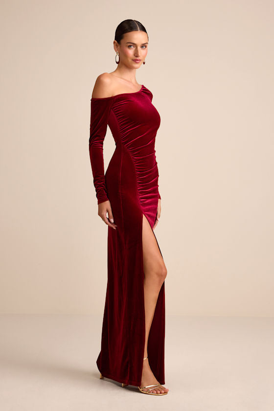 Notorious Icon Wine Red Velvet Asymmetrical Maxi Dress