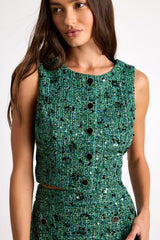 Namari Emerald Tweed Sequin Button-Front Crop Top
