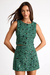 Namari Emerald Tweed Sequin Button-Front Crop Top