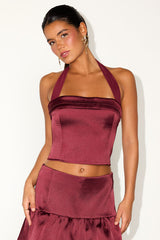 Vissera Burgundy Satin Halter Crop Top