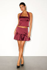 Vissera Burgundy Satin Tiered Mid-Rise Mini Skirt