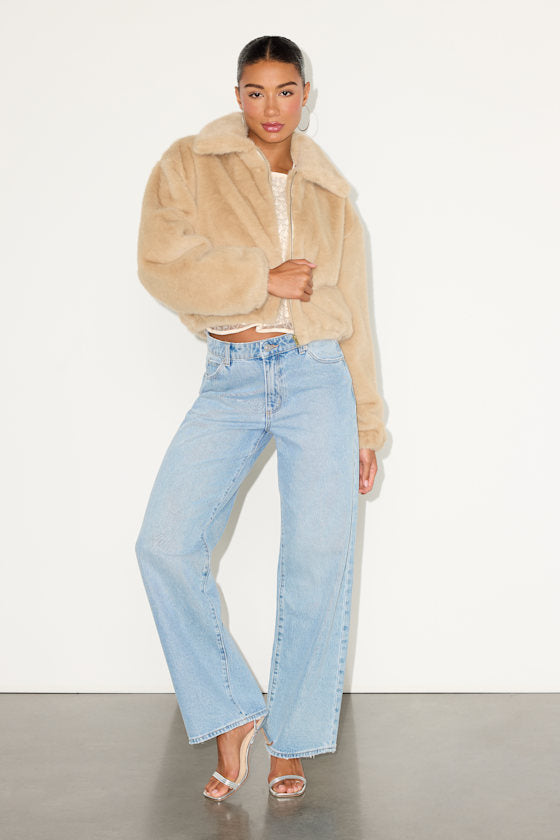 Eliah Beige Faux Fur Collared Zip-Front Jacket