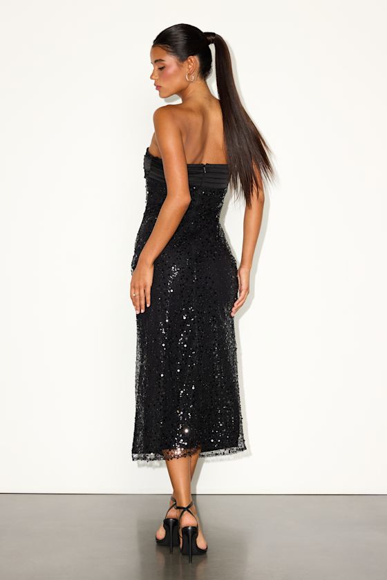 Renaya Black Sequin Strapless Column Midi Dress