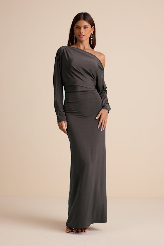 Valani Charcoal Jersey Knit Asymmetrical Long Sleeve Maxi Dress