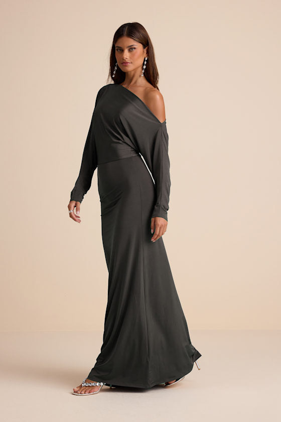 Valani Charcoal Jersey Knit Asymmetrical Long Sleeve Maxi Dress