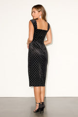Constance Black Velvet Rhinestone Column Midi Dress