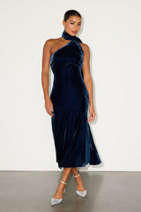 Alis Navy Velvet One-Shoulder Sash Midi Dress