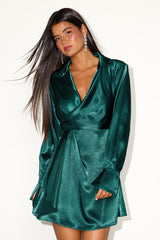 Rumaria Emerald Satin Faux-Wrap Mini Dress