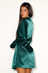 Rumaria Emerald Satin Faux-Wrap Mini Dress