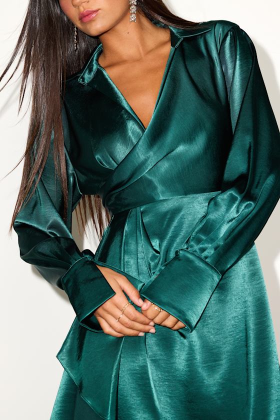 Rumaria Emerald Satin Faux-Wrap Mini Dress