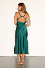 Alexandra Emerald Satin Cowl Neck Midi Dress