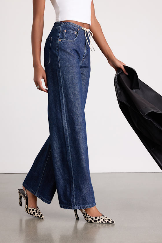 Madison Dark Wash Drawstring Wide-Leg Jeans