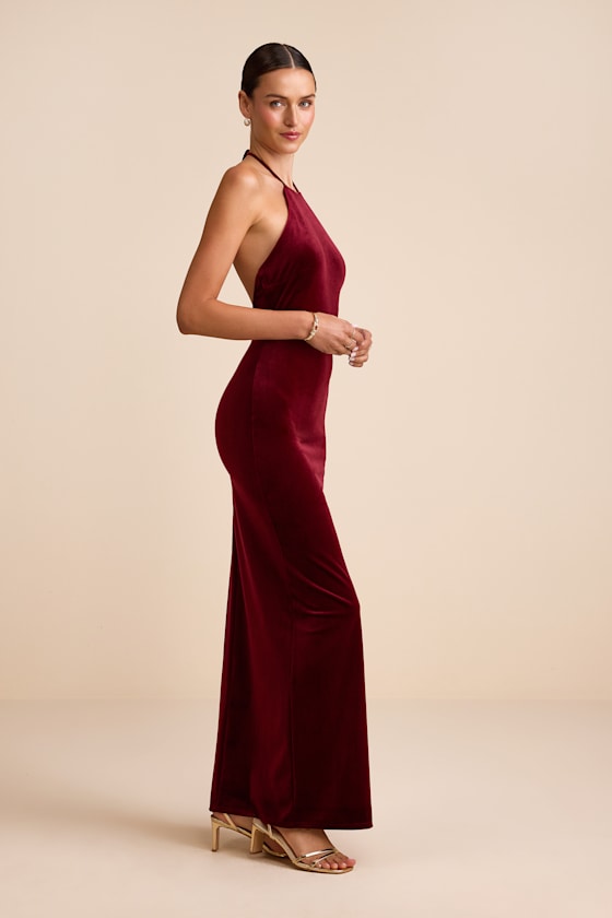 Emelina Wine Red Velvet Halter Maxi Dress