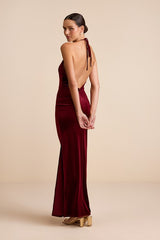 Emelina Wine Red Velvet Halter Maxi Dress