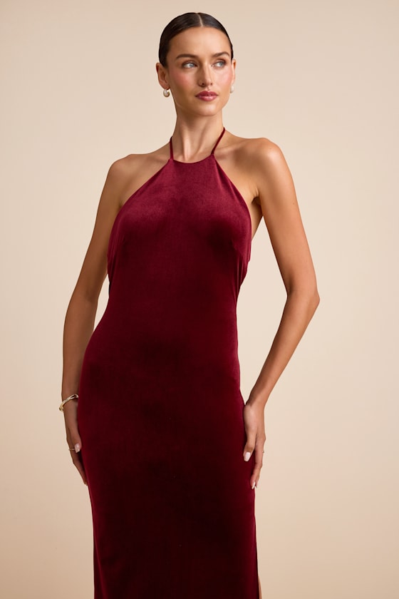 Emelina Wine Red Velvet Halter Maxi Dress