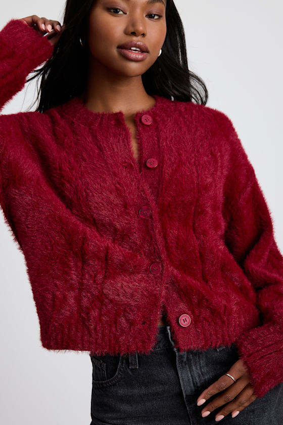 Ashby Berry Red Braided Eyelash Knit Cardigan Sweater