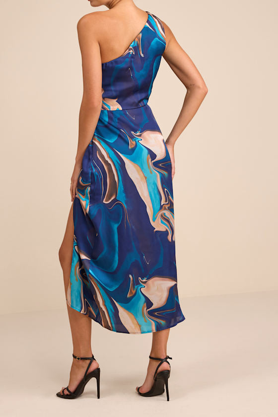 Rhema Blue Multi Abstract Print Satin Midi Dress