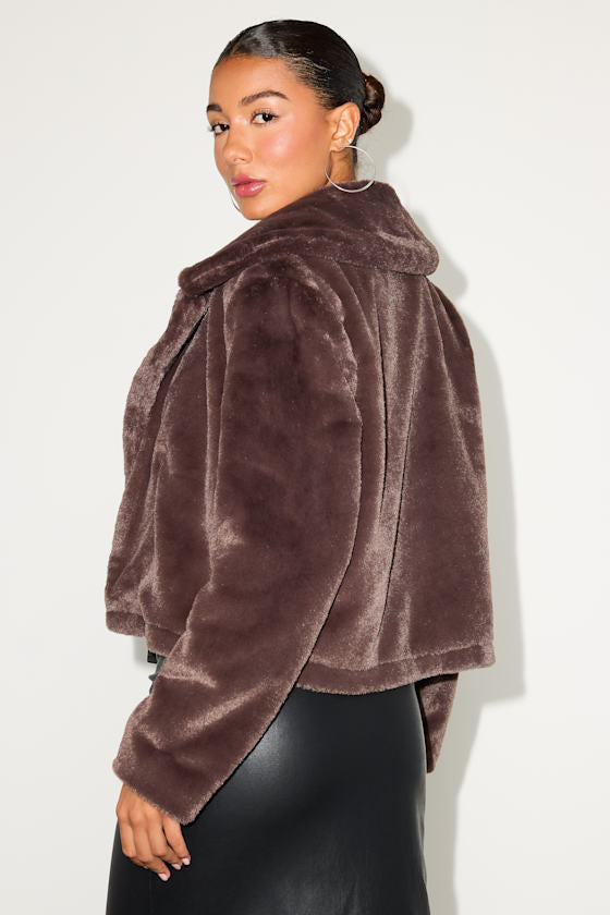 Cuddly Sensation Brown Faux Fur Cropped Jacket