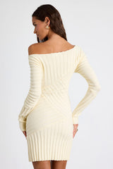 Penelope Cream Ribbed Off-the-Shoulder Sweater Mini Dress