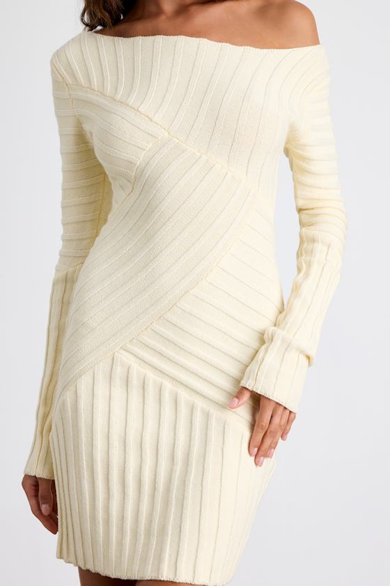 Penelope Cream Ribbed Off-the-Shoulder Sweater Mini Dress