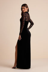 Avalia Black Velvet Lace Mock Neck Maxi Dress