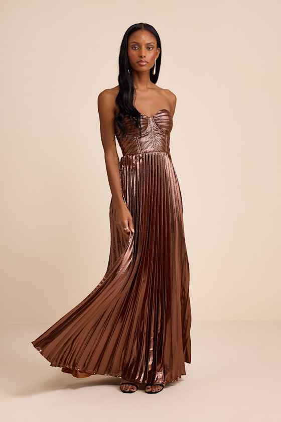 Shoshone Brown Pleated Lurex Strapless Bustier Maxi Dress