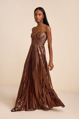 Shoshone Brown Pleated Lurex Strapless Bustier Maxi Dress
