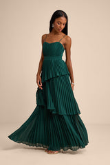 Jehona Emerald Green Pleated Tiered Maxi Dress